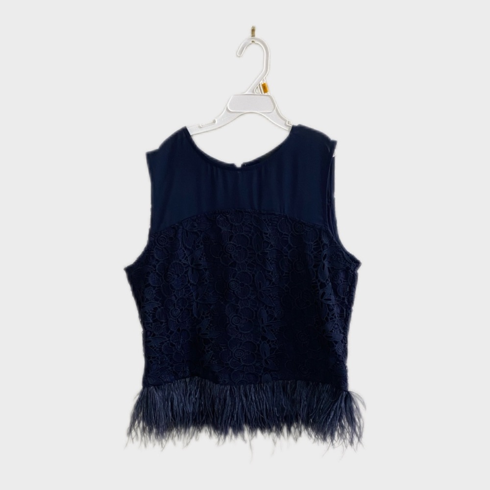 Greylin‎ Navy Lace & Feather Hem Top Medium
